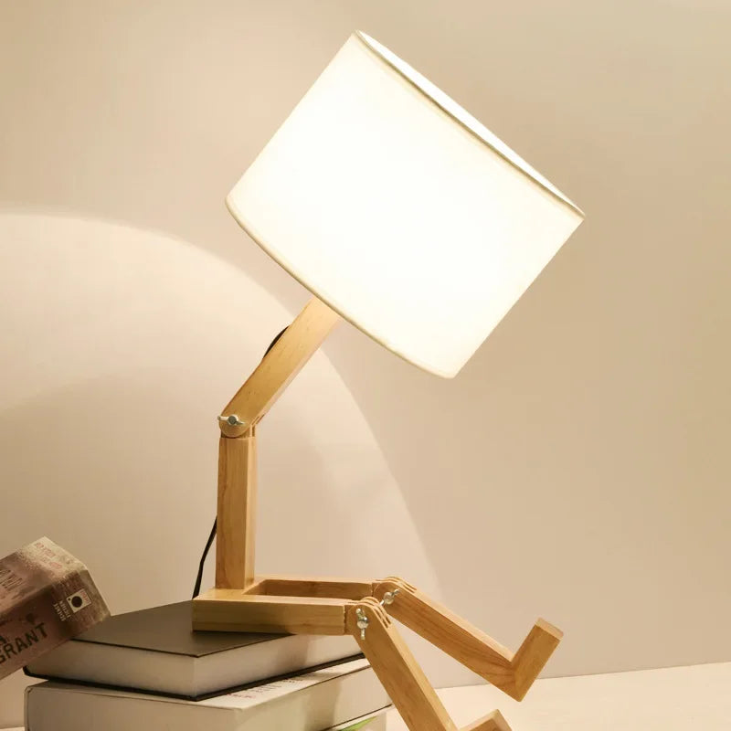 Adjusted Robot Shape Table Lamp E27 Wooden Fabric Bedroom Lamp Fold-Able Desk Light for Living Room Study Room Drop Shipping