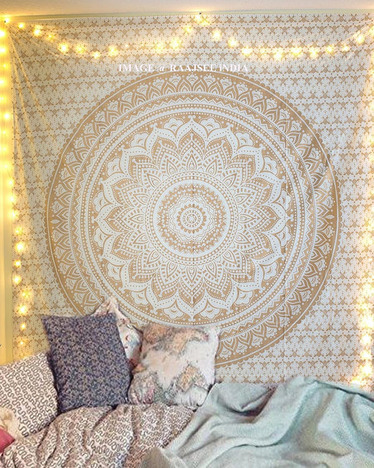 Gold Mandala Tapestry Bedroom Aesthetic - Indie Wall Tapestry Hippie Room Decor - Boho White Trippy Tapestry Wall Hanging - Golden Mandalas Wall Art 52X82 Inches